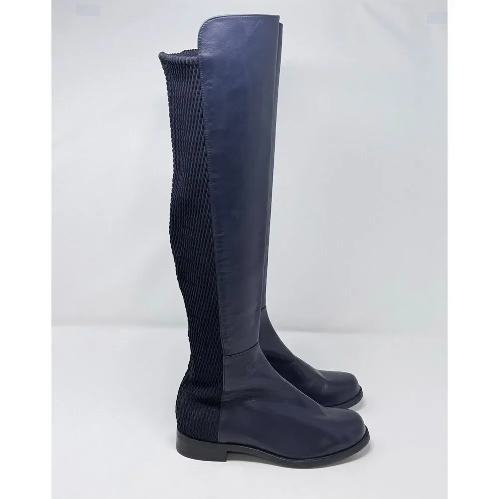 Stuart Weitzman 5050 Navy Blue Leather Over the Knee Boots Size 4C Wide NWOB